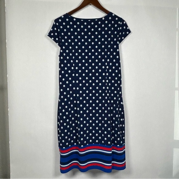 2 for$15 Liz Claiborne Navy and White Polka Dot Midi Dress with Red Stripes - Picture 2 of 9